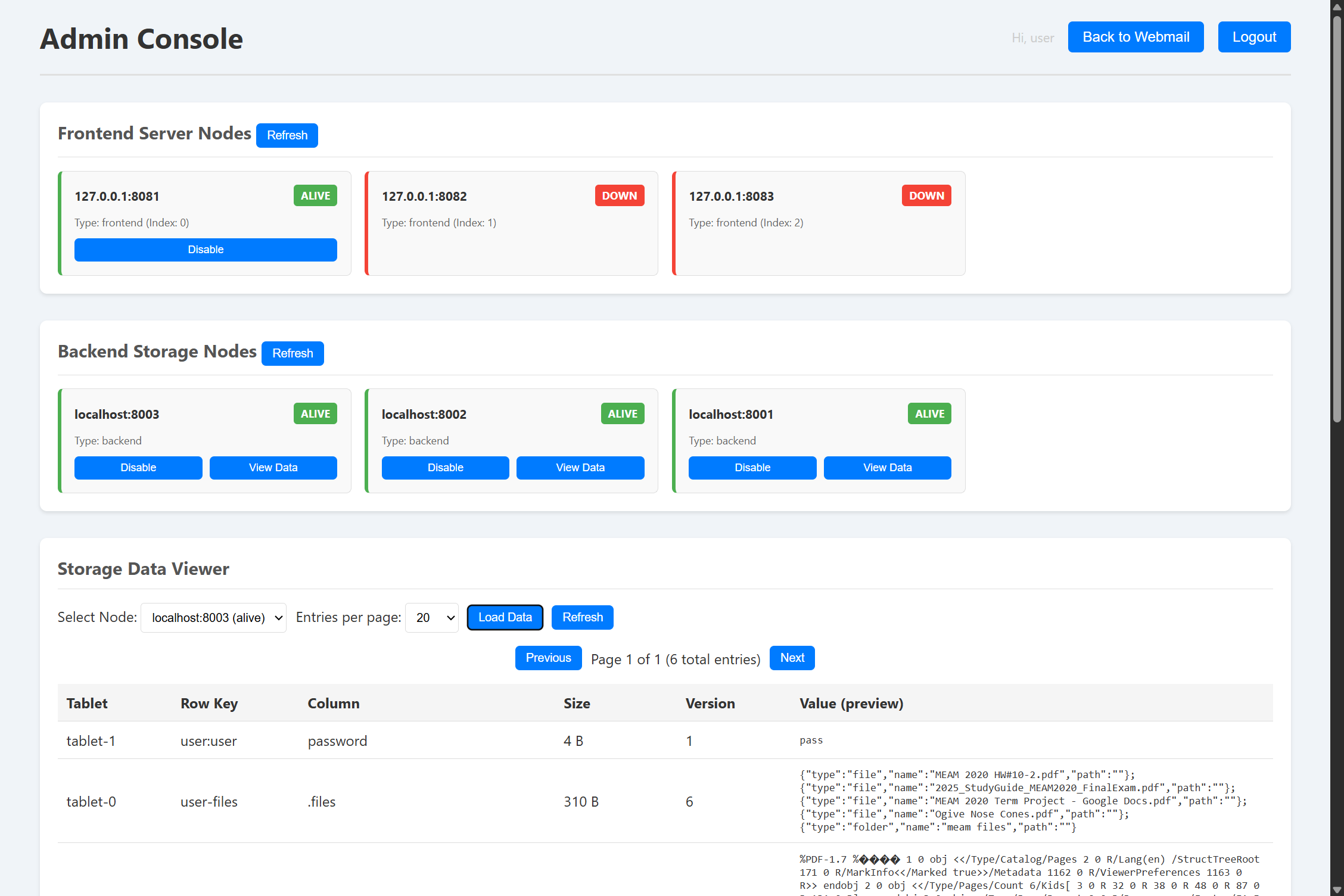 PennCloud admin console